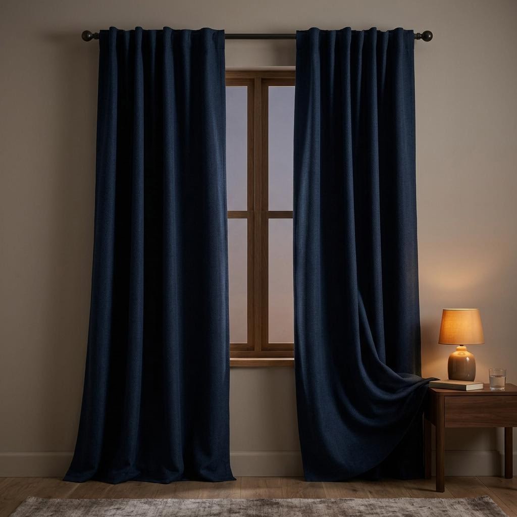 Dark navy blackout curtains hanging by a bedroom window