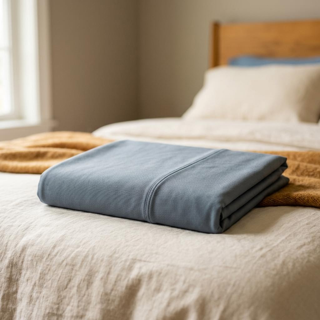 Folded cooling pillowcase in soft blue-grey fabric