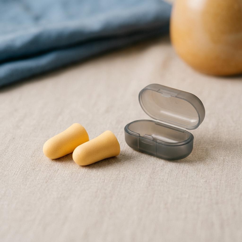 Pair of soft foam earplugs with a carrying case