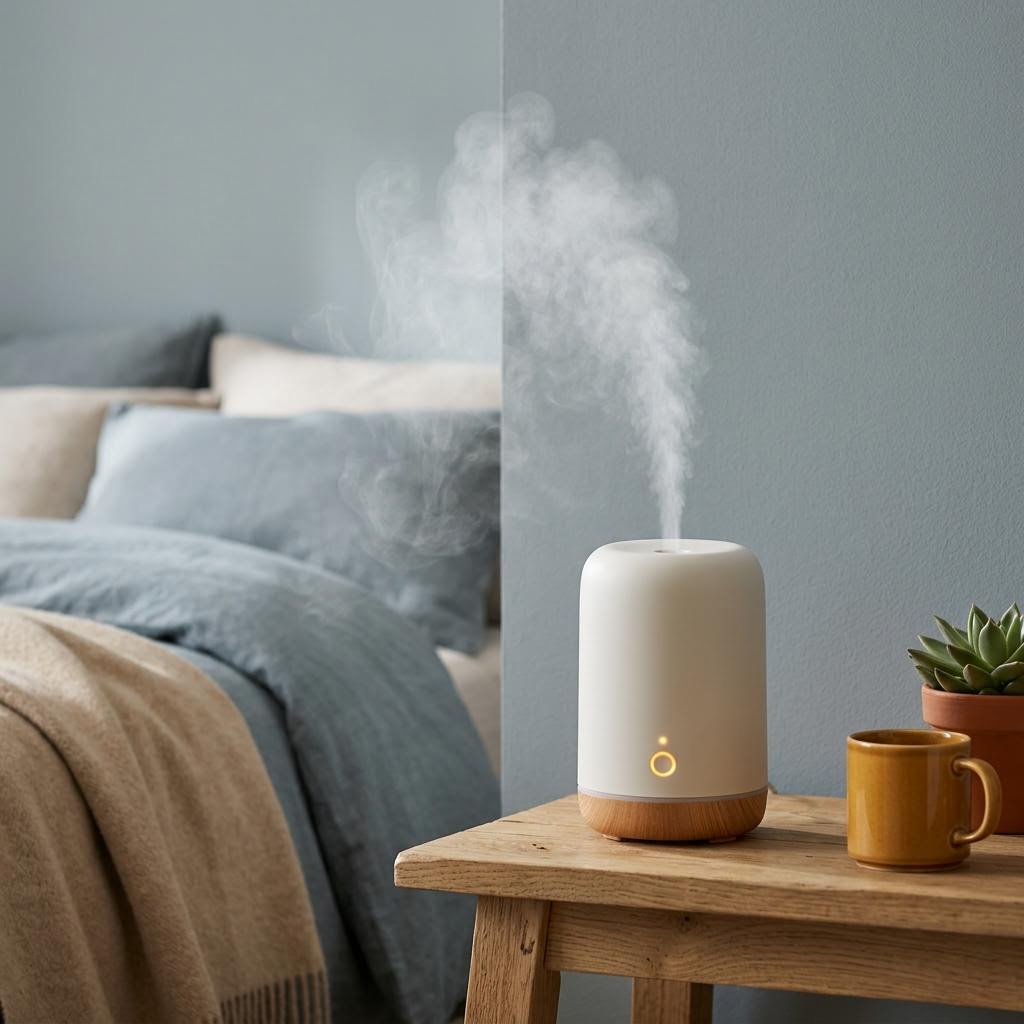 Small minimalist bedroom humidifier releasing gentle mist