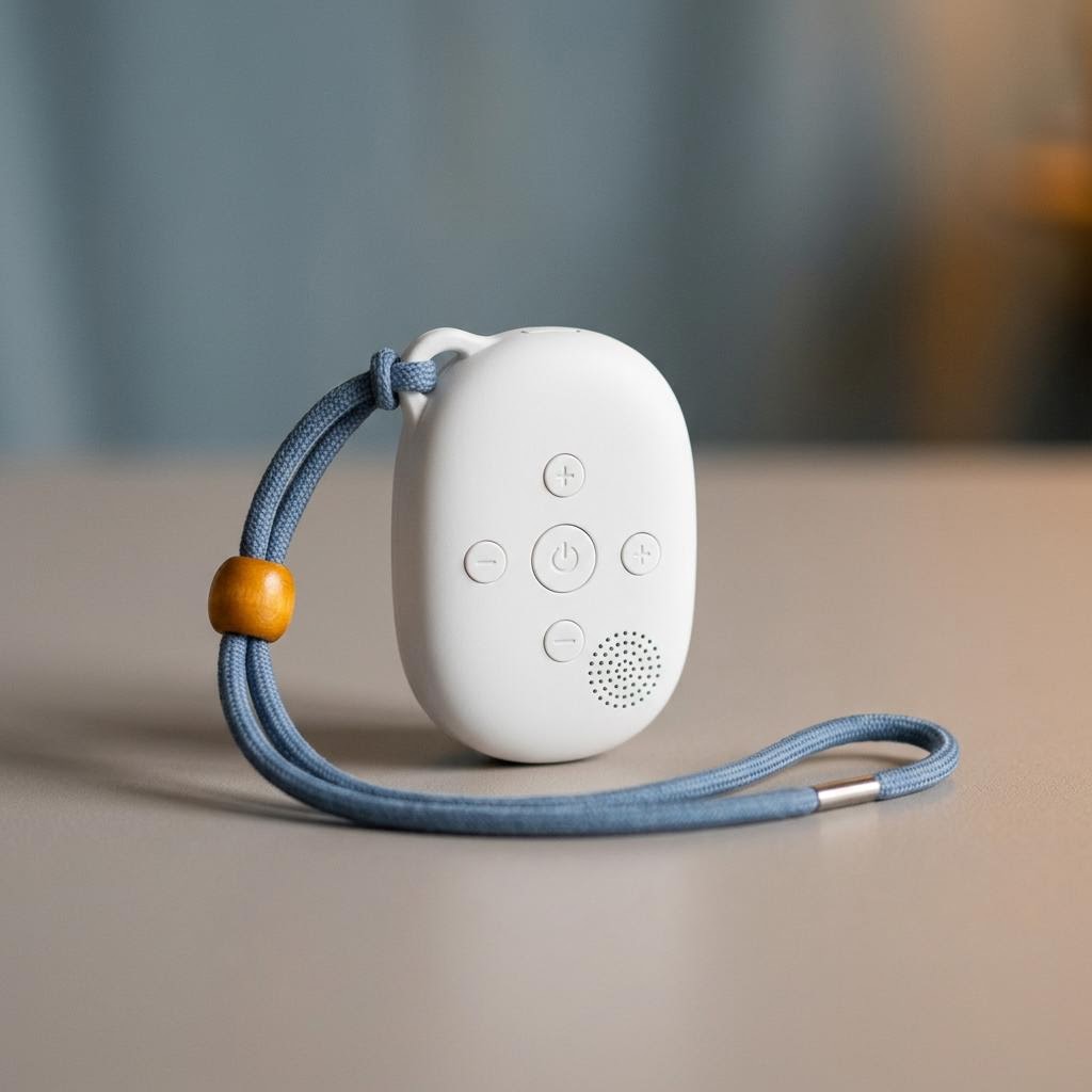 Small portable white-noise device with a lanyard