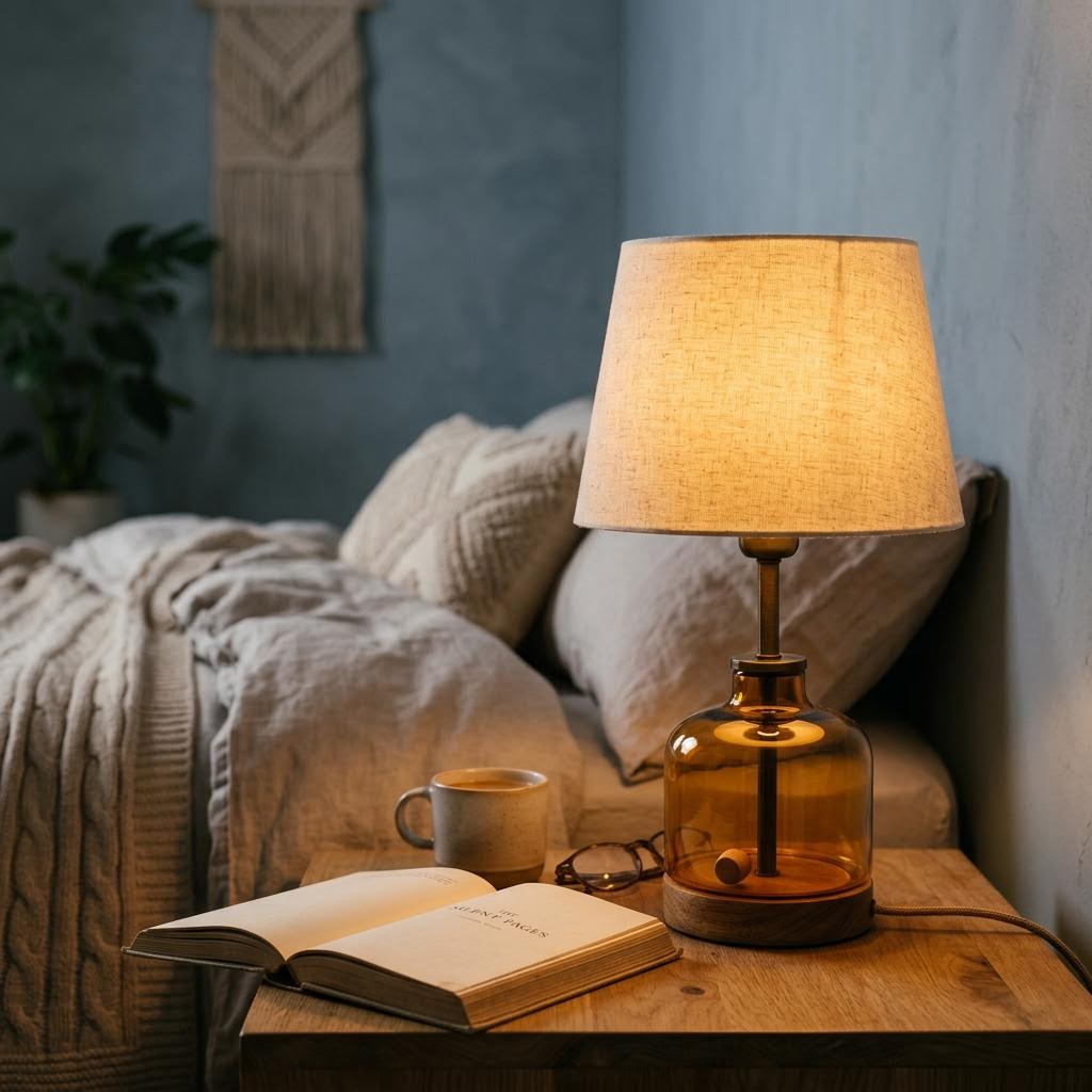 Warm dimmable bedside reading lamp casting amber light