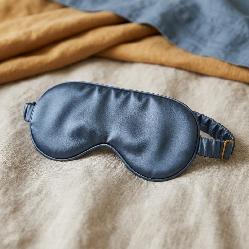 Contoured silk sleep mask on a neutral background