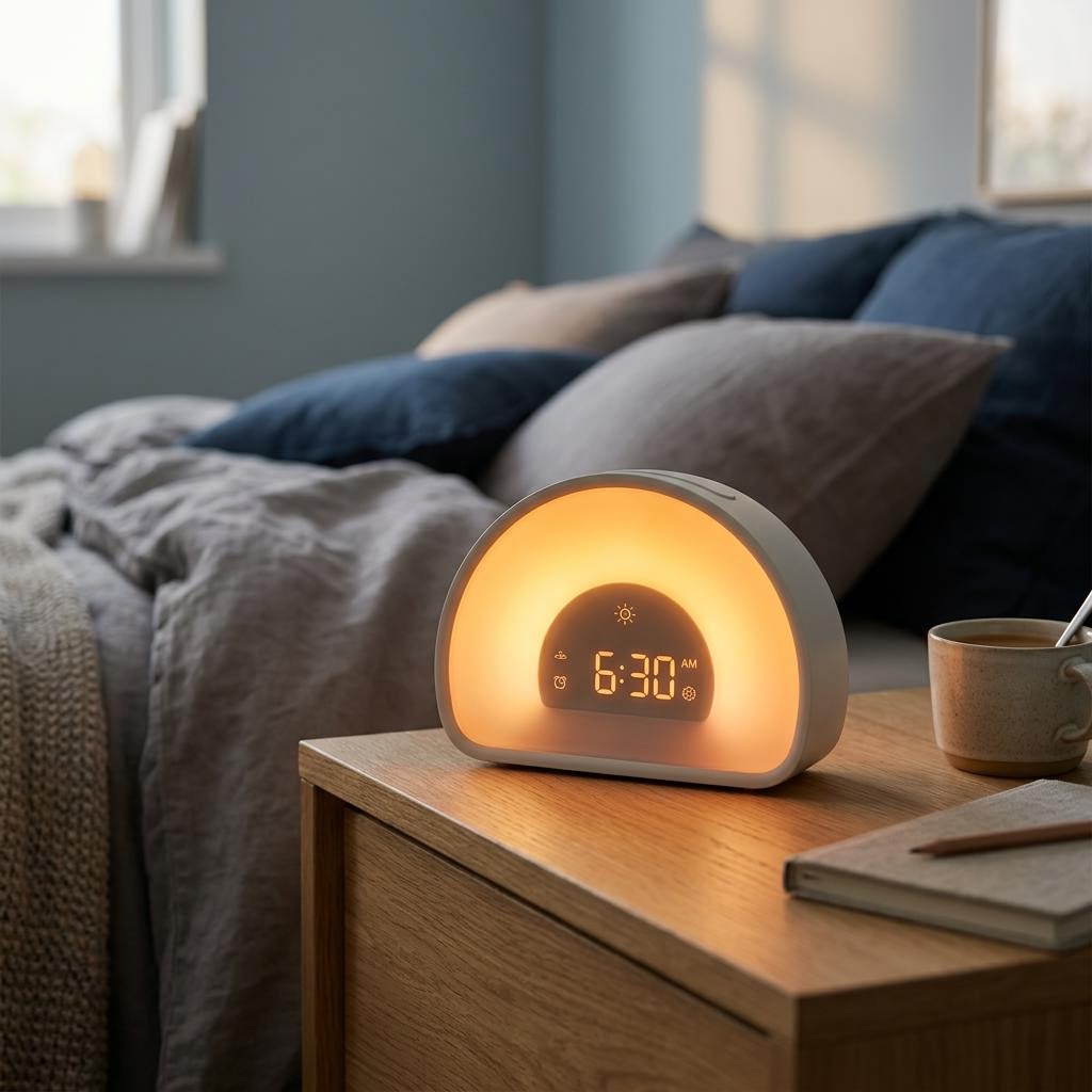Sunrise alarm clock glowing with warm light on a nightstand
