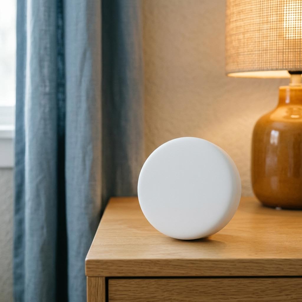 Minimal round white-noise machine on a nightstand